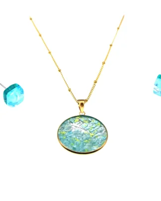 Turquoise Murano glass disc in gold on a gold detailed chain