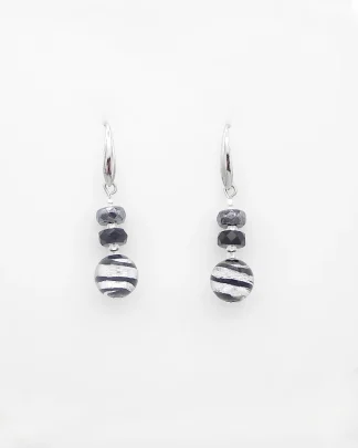 Silver and black Murano earring drop earrings 1 1/2 inches long, spiral design and faceted glass decoration