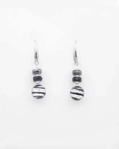 Silver and black Murano earring drop earrings 1 1/2 inches long, spiral design and faceted glass decoration