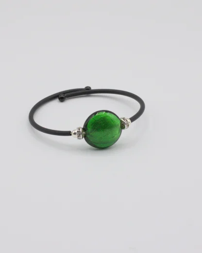 Snap memory black band bracelet with green Murano glass bead and bling detail