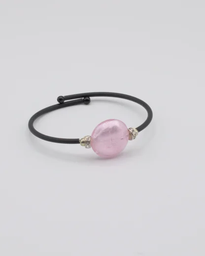 Snap memory bracelet with black band and flat Murano pink glass bead and bling details