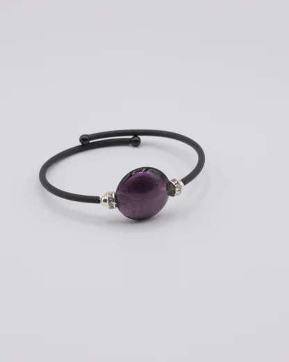 Snap memory bracelet with black band and flat Murano purple glass bead and bling details