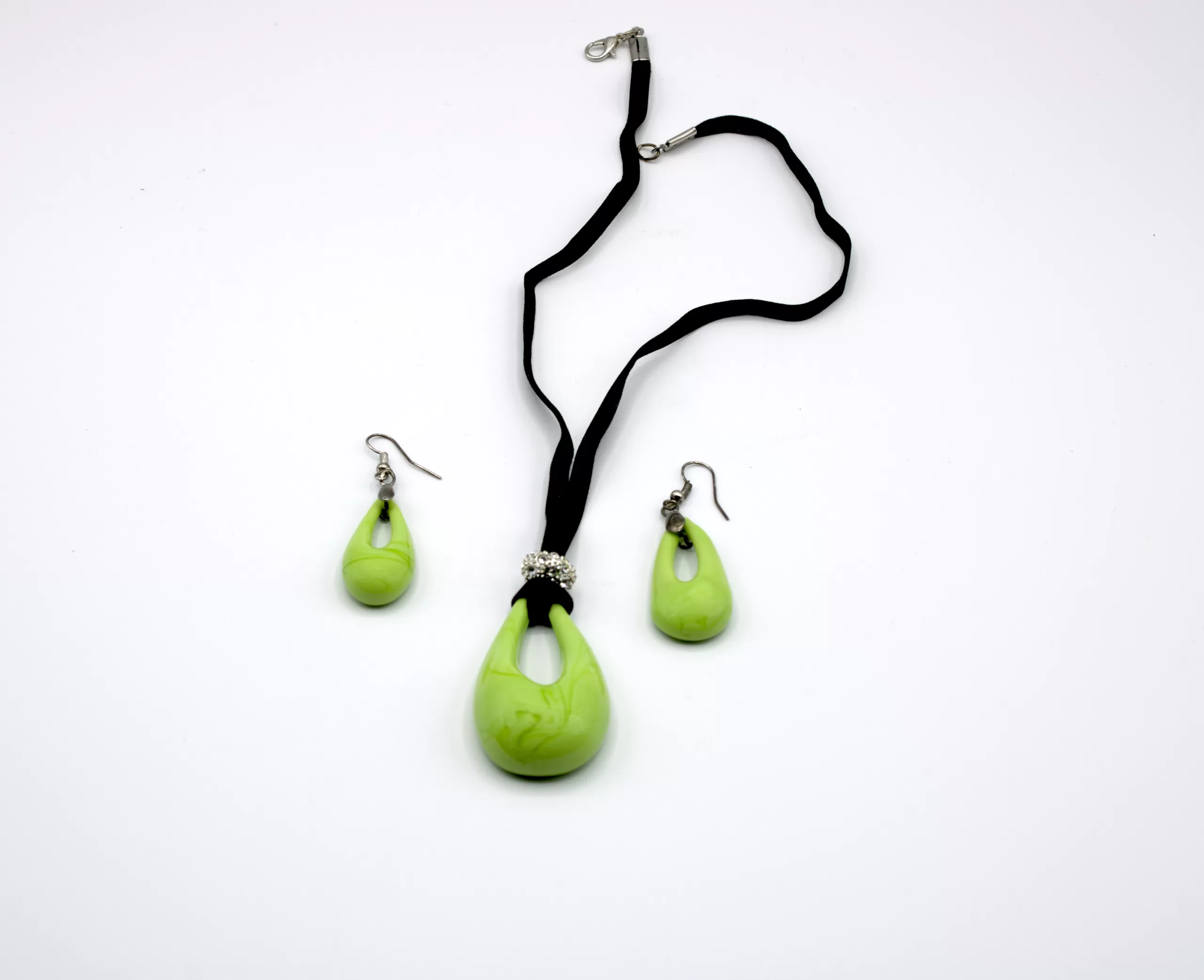 Lime green Murano glass teardrop and earring set on a black velvet cord with a touch of bling