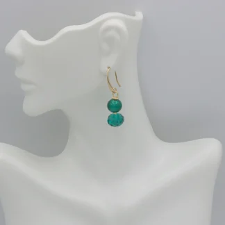 Double beveled round glass and Murano glass bead drop earring in aqua green