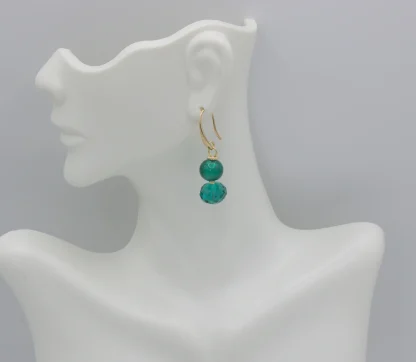 Double beveled round glass and Murano glass bead drop earring in aqua green