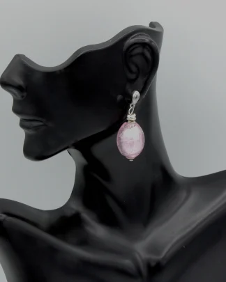 Pink Murano lustrous egg shaped drop earring with silver details