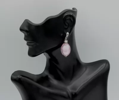 Pink Murano lustrous egg shaped drop earring with silver details