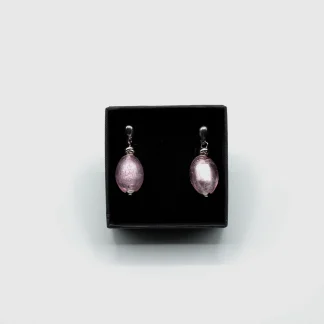 Pink Murano lustrous egg shaped drop earring with silver details gift boxed