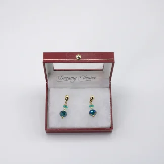 Delicate double drop aqua Murano earrings, with gold stud posts one inch