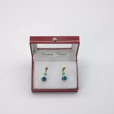 Delicate double drop aqua Murano earrings, with gold stud posts one inch