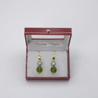 Double drop olive and grey Murano earrings gift boxed