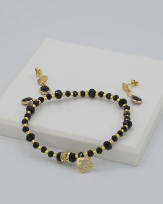 Dramatic delicate ebony Murano glass stretch bracelet with matching delicate drop earrings on post with gold details