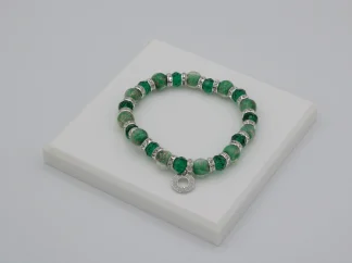 Green tones Murano glass bead stretch bracelet with bling and silver charm detail