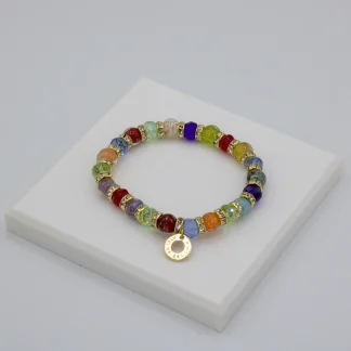 Multi colored Murano glass bead stretch bracelet with bling and gold charm detail