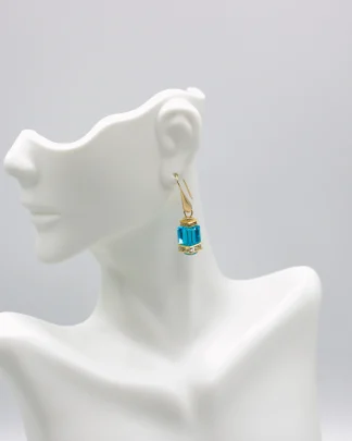 Murano glass light blue cube crystal glass with bling details, one inch drop earring on gold French wires