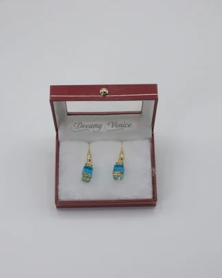 Sparkling light blue Murano crystal cube earrings with bling details on gold wires in gift box