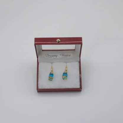 Sparkling light blue Murano crystal cube earrings with bling details on gold wires in gift box