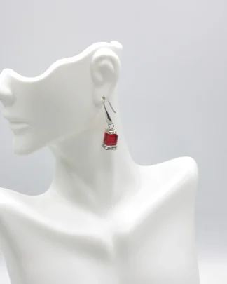 Murano red glass faceted cube and bling cube earrings 1.5 inches long on gold French wires