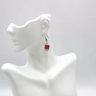 Murano red glass faceted cube and bling cube earrings 1.5 inches long on gold French wires