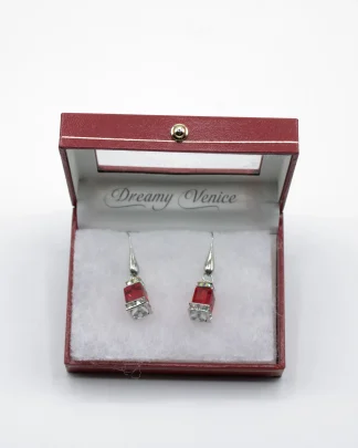 Murano red glass faceted cube and bling cube earrings 1.5 inches long on gold French wires in box