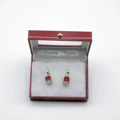 Murano red glass faceted cube and bling cube earrings 1.5 inches long on gold French wires in box