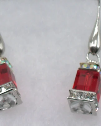 Murano red glass faceted cube and bling cube earrings 1.5 inches long on gold French wires