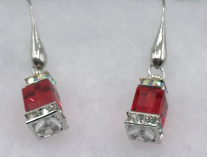 Murano red glass faceted cube and bling cube earrings 1.5 inches long on gold French wires