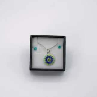 Millefiori set necklace and earrings in blues, yellow, green boxed