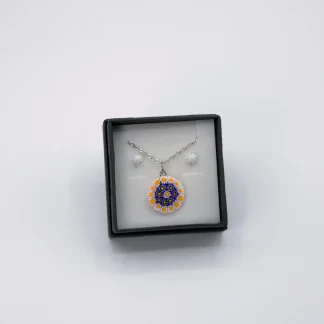 Millefiori set orange, blue and white pendant set earring set boxed