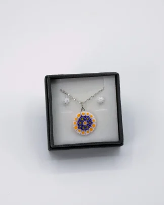 Millefiori set orange, blue and white pendant set earring set boxed