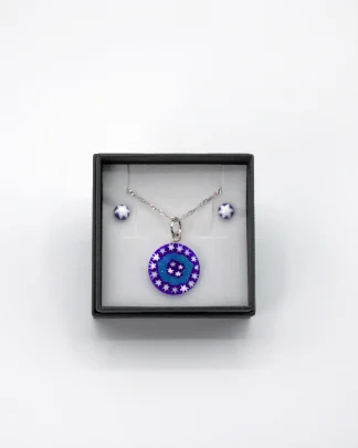 Millefiori blue and white pendant and earring set boxed