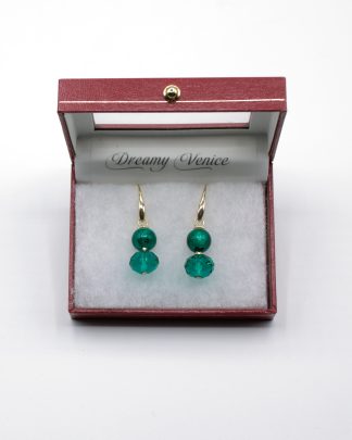 Double beveled round glass and Murano glass bead drop earring in aqua green in gift box