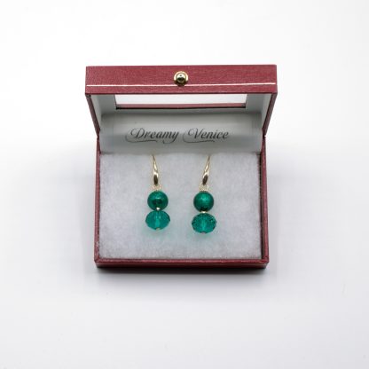 Double beveled round glass and Murano glass bead drop earring in aqua green in gift box