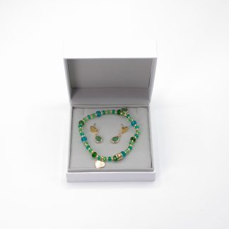 Delicate green tones stretch Murano glass bead bracelet with matching delicate drop earrings on post in gift box