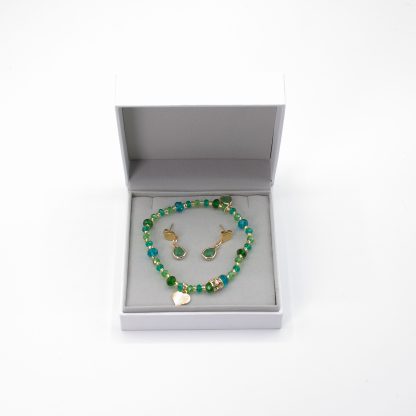Delicate green tones stretch Murano glass bead bracelet with matching delicate drop earrings on post in gift box