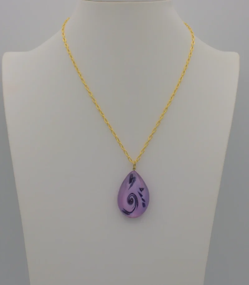 Murano purple scroll teardrop pendant with gold chain