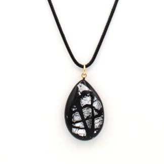 Black pattern on silver Murano glass teardrop pendant
