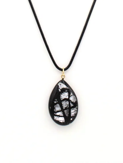 Black pattern on silver Murano glass teardrop pendant