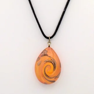 Orange Murano glass pendant with copper swirls, teardrop shape on cord