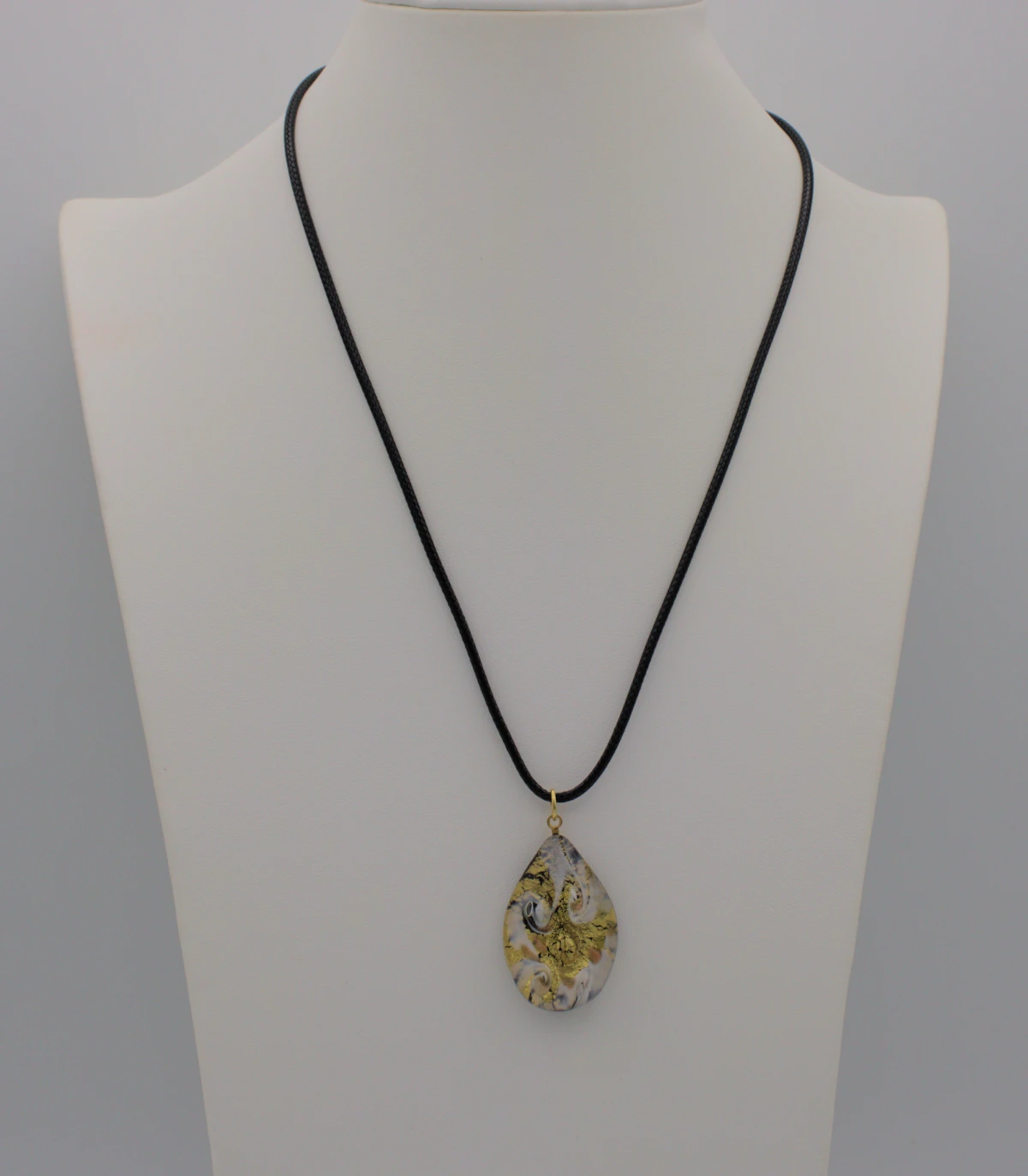 Murano gold and copper swirls on white glass pendant on black cotton cord