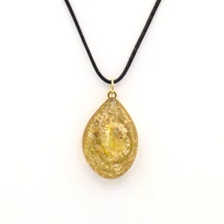 Golden Murano glass pendant with copper swirls, teardrop shape on cord