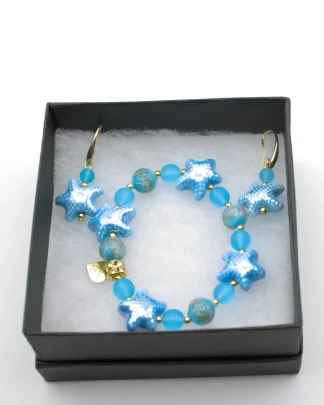 Blue Murano starfish bracelet and earring set in gift box