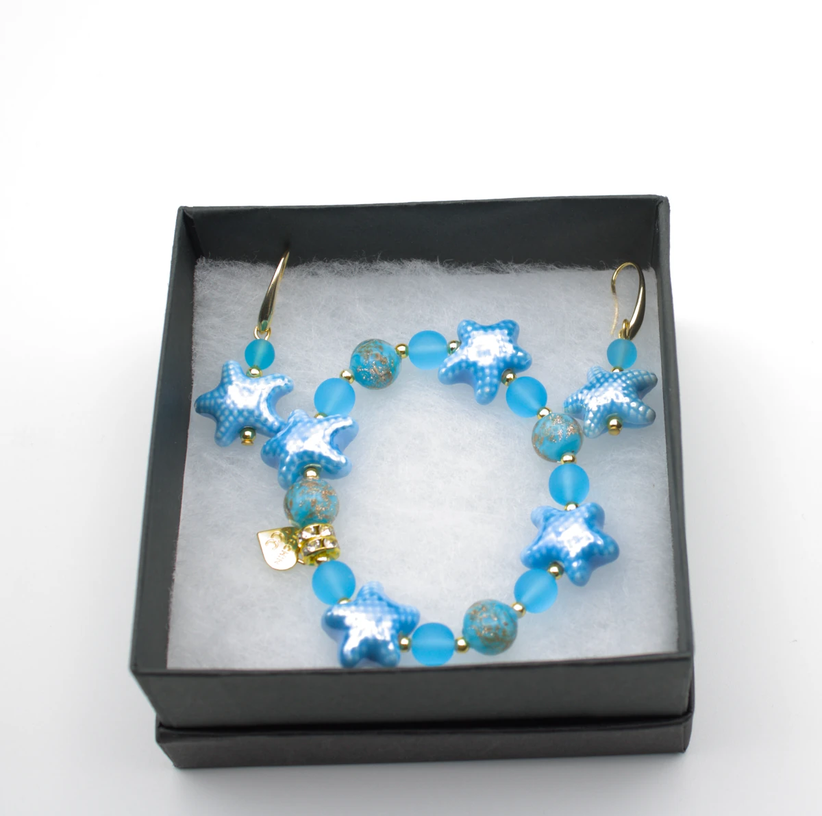 Blue Murano starfish bracelet and earring set in gift box
