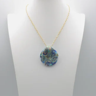 blues and gold Murano glass swirls on a gold plated chain large round pendant with gold and copper infusion