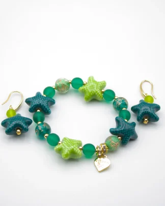 Green tones Murano glass stretch bracelet with starfish and other green tone beads with copper infusion