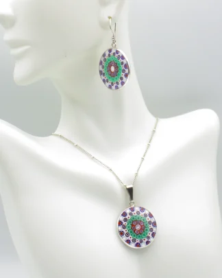 Murrine pendant set in white, blue and aqua, matching earrings with silver casing