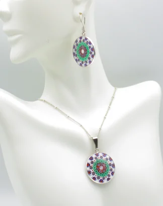 Murrine pendant set in white, blue and aqua, matching earrings with silver casing