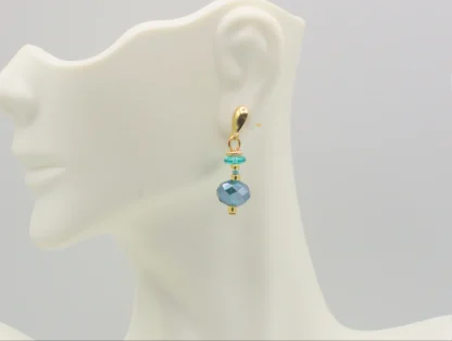 Delicate faceted aqua Murano glass crystal small drop earring with gold stud one inch long