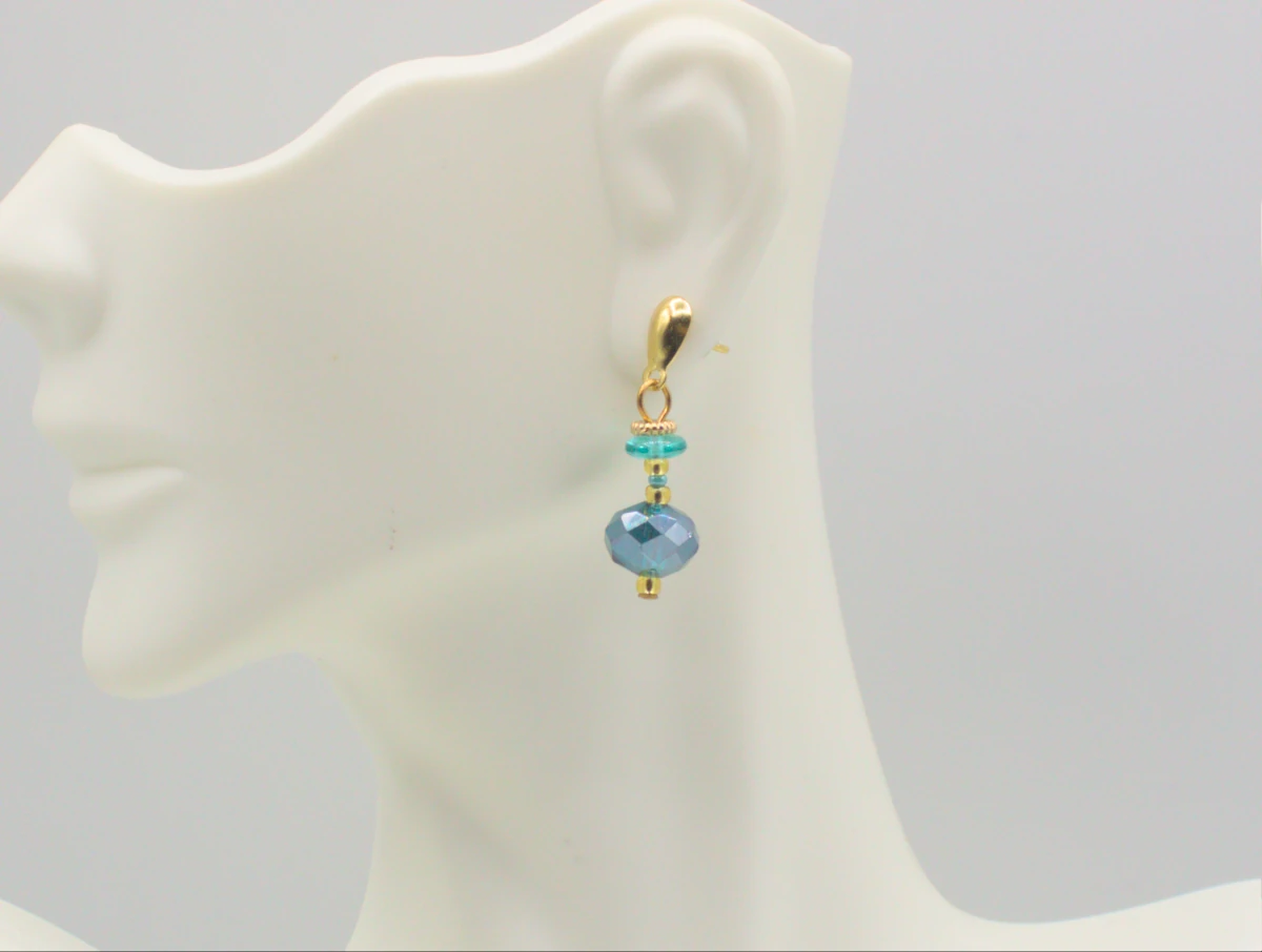 Delicate faceted aqua Murano glass crystal small drop earring with gold stud one inch long