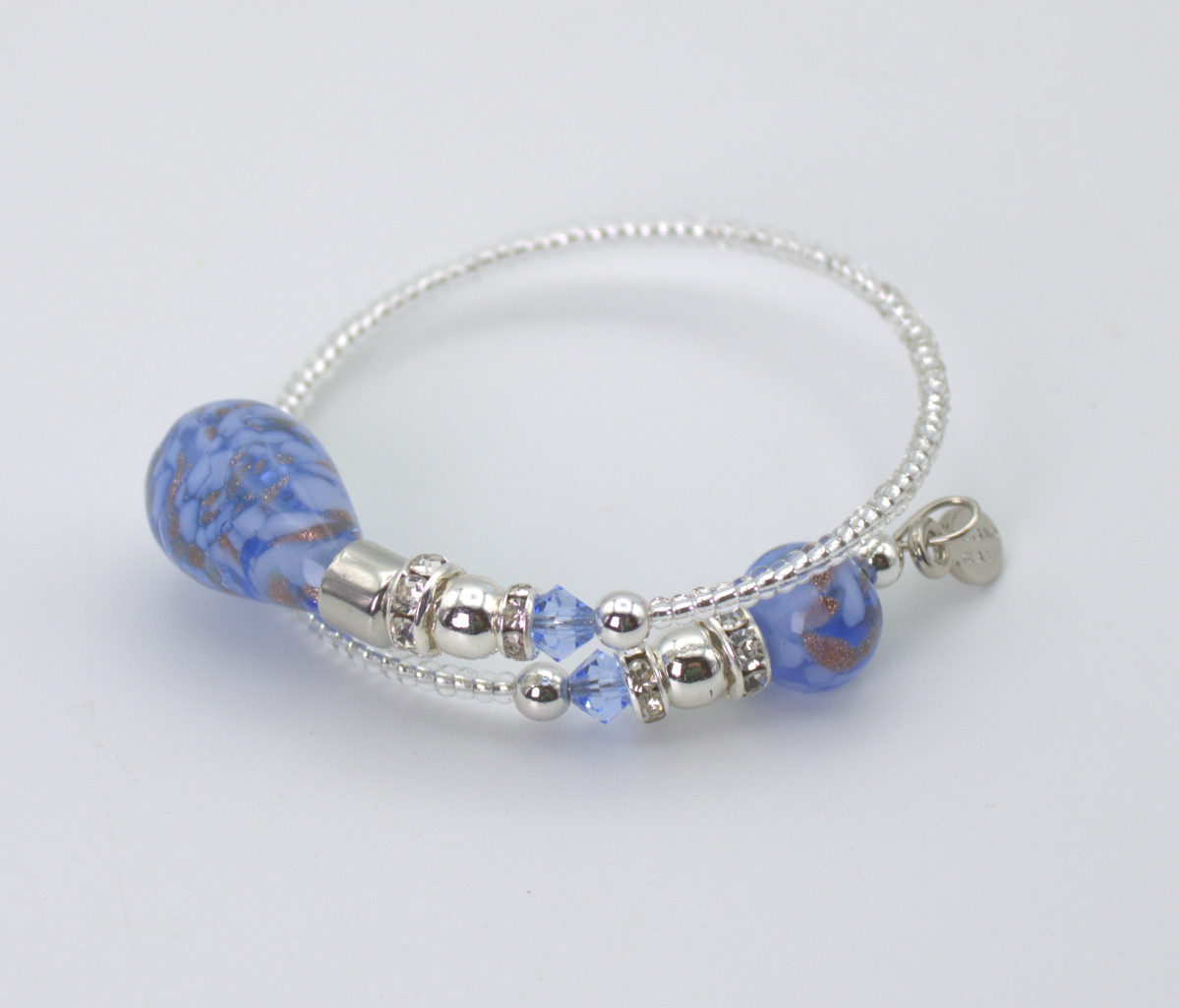 Silver Murano seed bead wrap bracelet with blown glass beads in blue